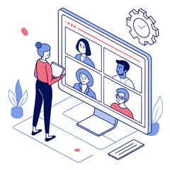 Poster - Vector of people in a video call on a computer screen, remote team meeting concept, profile windows with different people, casual and business attire, clean digital environment