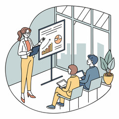 Poster - Vector scene of a businesswoman giving a presentation in front of a screen with graphs and charts, team sitting and watching, modern office interior, flat design with clean layout