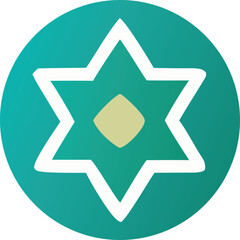 Poster - A stylized six pointed star with a diamond shape in the center set against a teal circular background representing a modern geometric design