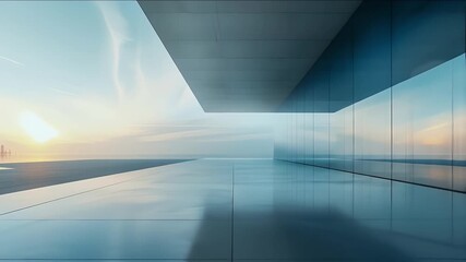 Poster - Glass Wall Architecture Reflecting Coastal Horizon Under Pale Sky During Sunset With AI Defect