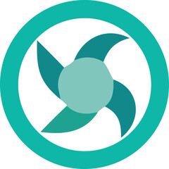 Poster - Abstract teal circular emblem featuring a stylized four bladed turbine or propeller design with a central circle