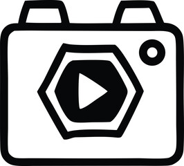 Poster - Hand drawn sketch of a vintage camera with a hexagonal video play button emblem on its lens symbolizing filmmaking and content creation