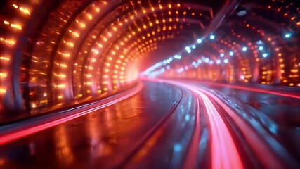 Poster - abstract orange and blue futuristic tunnel with neon glow motion lines and dark backdrop