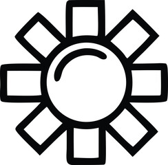 Poster - A stylized hand drawn black and white graphic featuring a central circle with eight radiating rectangular shapes resembling a starburst or abstract flower