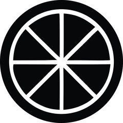 Poster - A stark black and white graphic depicts a circular symbol with eight radiating spokes dividing it into equal segments suggesting a wheel or compass