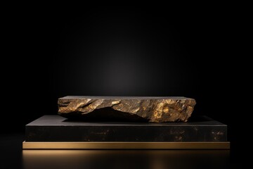 Poster - Empty stone podium displaying luxury product on black background with gold details, creating elegant and minimalist showcase