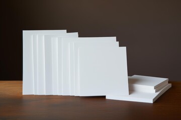 Poster - blank business cards arranged in a staircase pattern on a wooden table, creating an abstract and min