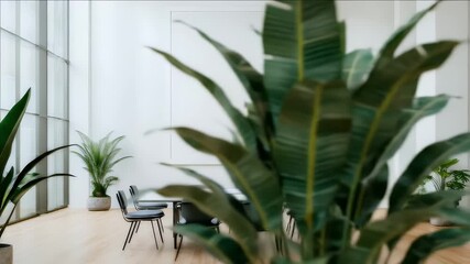 Poster - Bright White Meeting Room with Black Chairs and Table Setting Interior Design