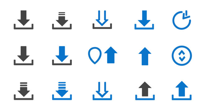 Collection of download, upload and related user interface icon designs in blue and gray colors