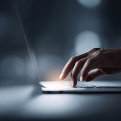 Poster - Closeup of a hand typing on a laptop, symbolizing productivity and technology. Dark, moody tones with selective focus create a sense of innovation and progress.