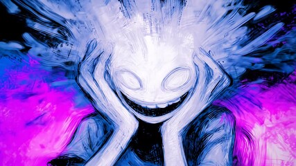 Wall Mural - abstract digital art of an expressionless face with an explosive aura, on a purple backdrop