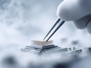 Poster - Precision work gloved hand uses tweezers on a CPU, symbolizing technology, engineering, and innovation. Perfect for illustrating progress or technical processes.