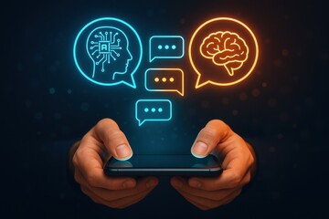 Poster - AI Communication: The future of AI interaction unfolds as a person holds a smartphone.