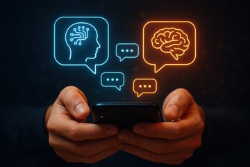 Poster - AI and Human Chat Interface: A person is interacting with the AI through the smartphone.