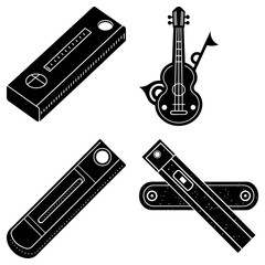 Poster - illustration featuring levels and a guitar with musical notes in a black and white design style imag