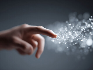 Poster - Finger touches a glowing digital network. Represents connection, technology, innovation, and data. Perfect for concepts of AI, science, future, and progress.