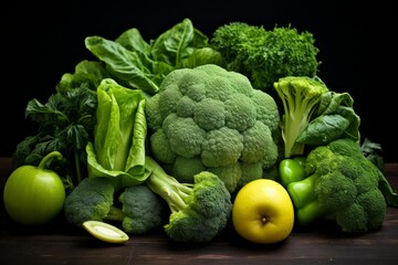 Poster - Assortment of vibrant green vegetables and fruits creating a colorful and healthy still life