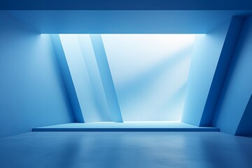 Poster - Sun is shining through large window into empty blue modern architectural interior