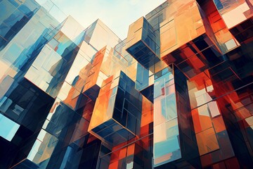 Poster - Low angle view of a modern abstract glass and steel building reflecting the sky, showcasing innovative architectural design