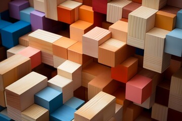 Poster - Colorful wooden cubes forming a three dimensional pixel art design, ideal for concepts related to construction, games, or abstract art