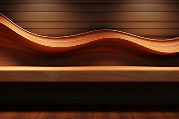 Poster - Empty wooden shelf with wavy backdrop illuminated by spotlights, creating an elegant and modern display space
