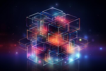 Poster - Colorful geometric cubes glowing against a dark cosmic background