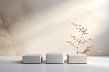 Poster - Minimalist beige backdrop featuring three empty white square podiums perfect for showcasing products, with golden plant and leaf shadows creating a serene atmosphere