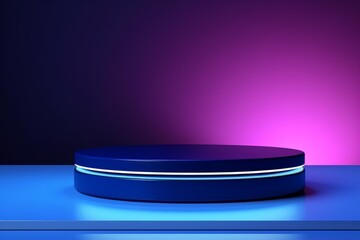Poster - Round blue podium with glowing neon lights is standing on blue surface with purple and blue background