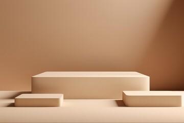 Poster - Three empty beige pedestals of different sizes create a modern, minimalist display, perfect for showcasing products against a beige backdrop with soft lighting