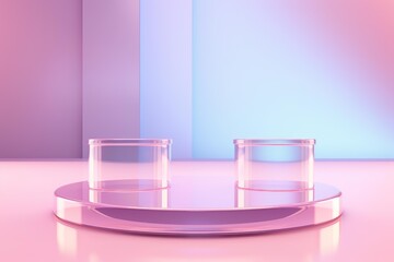 Poster - Two empty glass cylinders are displaying on a pink round podium with a pastel background, creating a modern and minimalist aesthetic