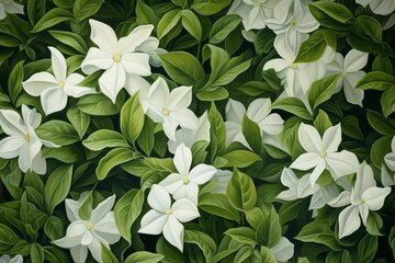Poster - Realistic painting of white gardenia flowers blooming among lush green leaves, creating a beautiful natural scene