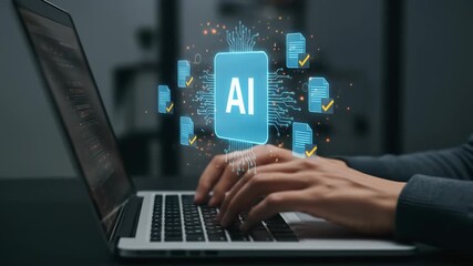AI technology, data analysis, and digital transformation concept with a person working on a laptop