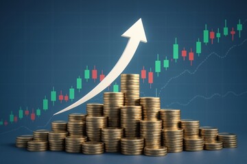 Poster - Financial Ascent: A visual metaphor illustrating the concept of financial growth, featuring a pyramid of gold coins with a graph chart in the background, symbolizing the rise of investments.