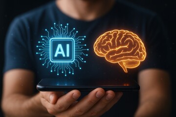 Poster - AI Technology and Human Brain: A fusion of technology and human intellect is showcased as an individual delicately holds a smartphone aloft, merging the AI's logic with the human mind's creativity.