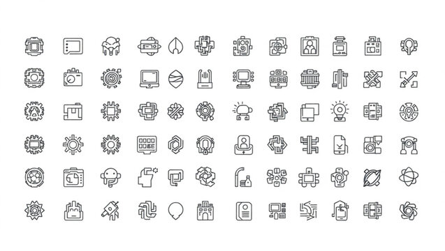 Collection of various abstract line icons representing technology and design elements in a grid layout created with generated ai
