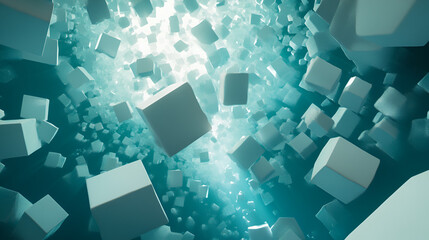 Poster - Floating white cubes in a teal space with a bright light source in the background