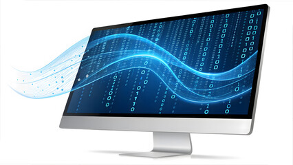 blue digital binary data on computer screen isolated on white background