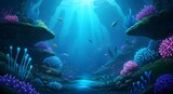 A vibrant underwater coral reef landscape teeming with life and colorful formations,Sunlit underwater scene of a coral reef with diverse marine life and captivating coral formations