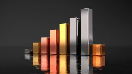 Poster - A D bar chart in metallic shades showing financial trends, with reflections on a glass surface and a dark professional background.