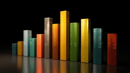 Poster - A D bar graph with tall, glossy pillars in various colors rising from a reflective surface, symbolizing financial growth and performance analysis