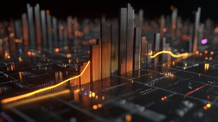 Poster - A D financial chart with rising columns and a glowing trendline, placed over a sleek digital grid with futuristic design elements