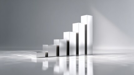 Poster - A D stacked bar chart with metallic bars in ascending order, placed on a reflective surface, highlighting financial progress in a clean, minimalist design