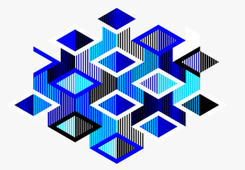 Poster - Blue vector abstract geometric background with cubes and different rhythmic shapes, isometric 3D abstraction art displaying city buildings forms look like, op art.