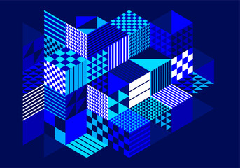 Poster - Isometric 3D cubes vector abstract geometric background, abstraction art polygonal graphic design wallpaper, cubic shapes and forms lowpoly composition over dark.