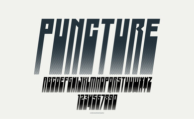 Poster - Halftone dotted futuristic cyberpunk font for logos and posters, vector brutal industrial typeface alphabet letters and numbers, urban technic future typography, italic version.