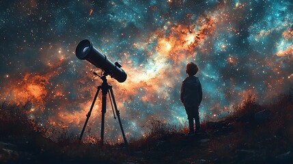 Wall Mural - a young explorer gazes into the cosmic wonders through a telescope
