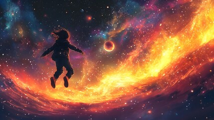 Poster - cosmic explorer leaps through vibrant galactic energy