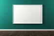 © nsit0108 - Empty white frame mockup hanging on teal green wall in modern room with wooden floor, perfect for showcasing artwork or photography