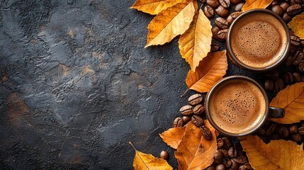 Wall Mural - cozy autumn inspired coffee composition with golden leaves