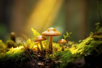 Poster - Sunbeam illuminating mushrooms growing on moss in a mysterious forest